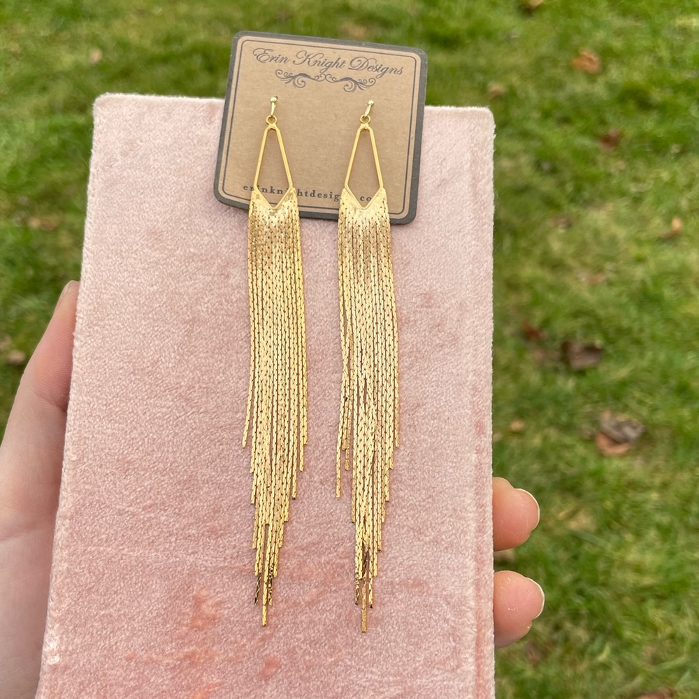 Erin Knight Designs gold long fringe dangling earrings